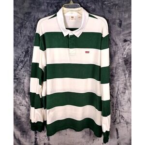 Vtg Levis Rugby Polo Shirt Mens XL Green White Striped Relaxed Fit Long Sleeve